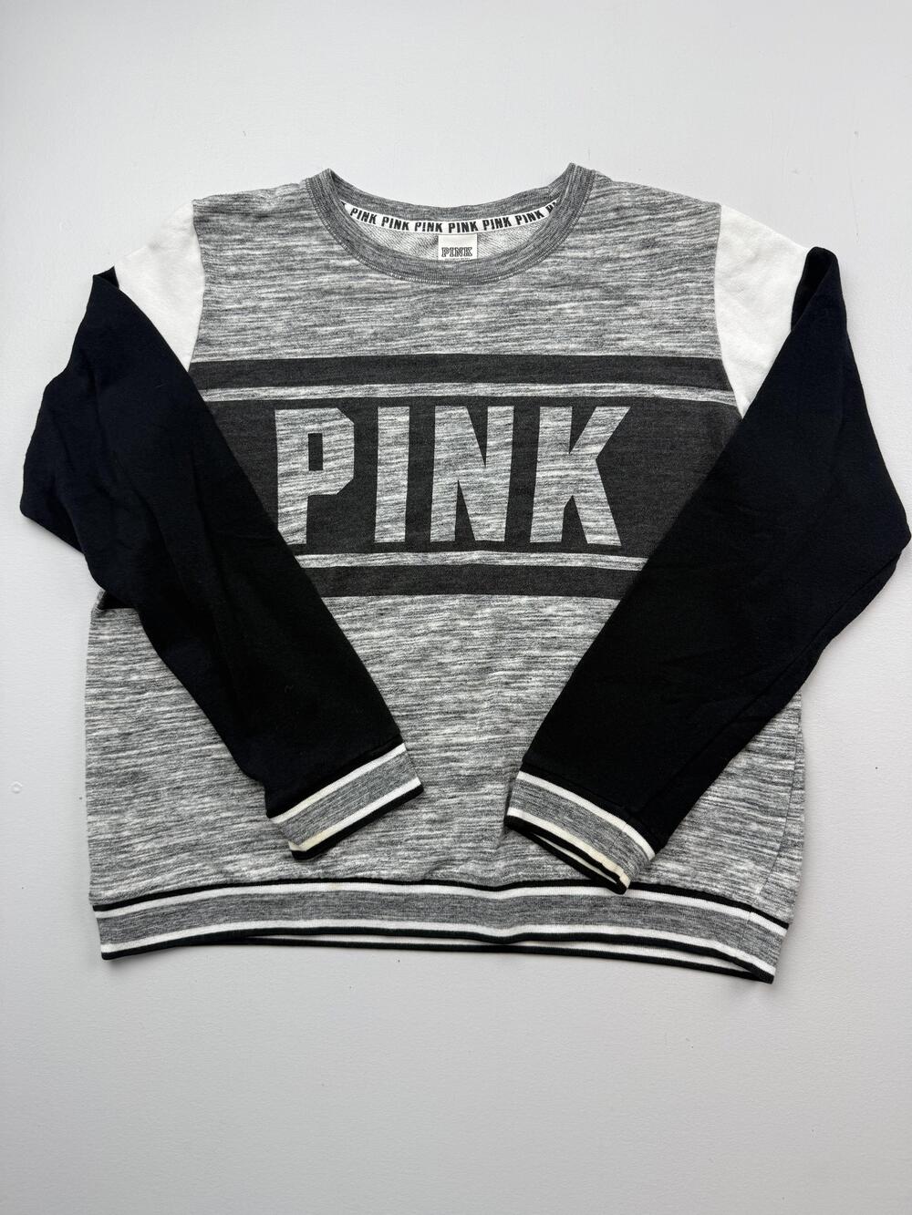 PINK Sweatshirt Womens Large Gray Colorblock PINK Logo Fleece Pullover Crewneck
